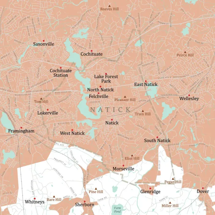 Framed Print : MA Middlesex Natick Vector Road Map Framed Print : MA Middlesex Natick Vector Road Map