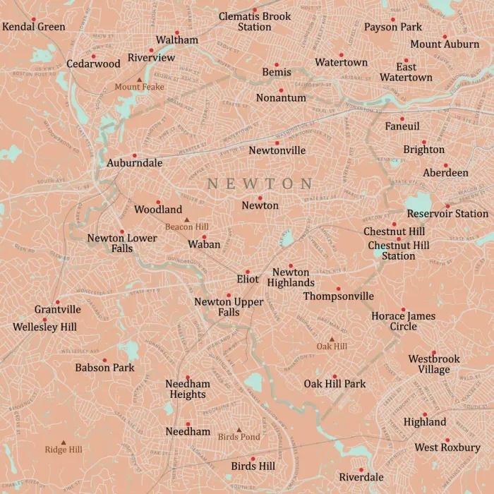 Framed Print : MA Middlesex Newton Vector Road Map