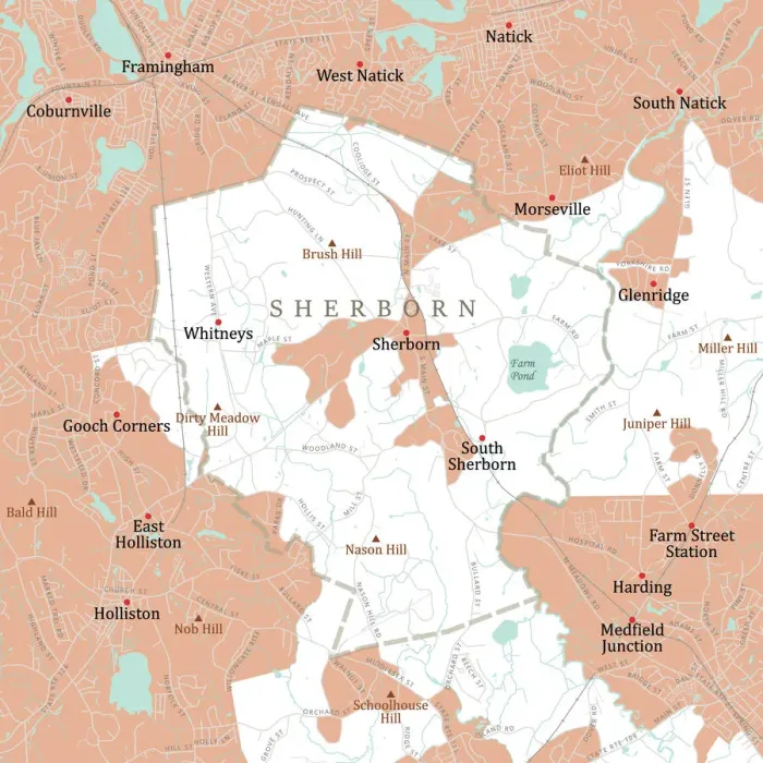 Framed Print : MA Middlesex Sherborn Vector Road Map Framed Print : MA Middlesex Sherborn Vector Road Map