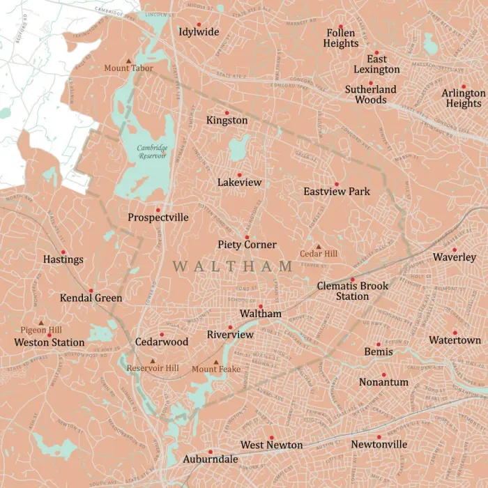 Framed Print : MA Middlesex Waltham Vector Road Map Framed Print : MA Middlesex Waltham Vector Road Map