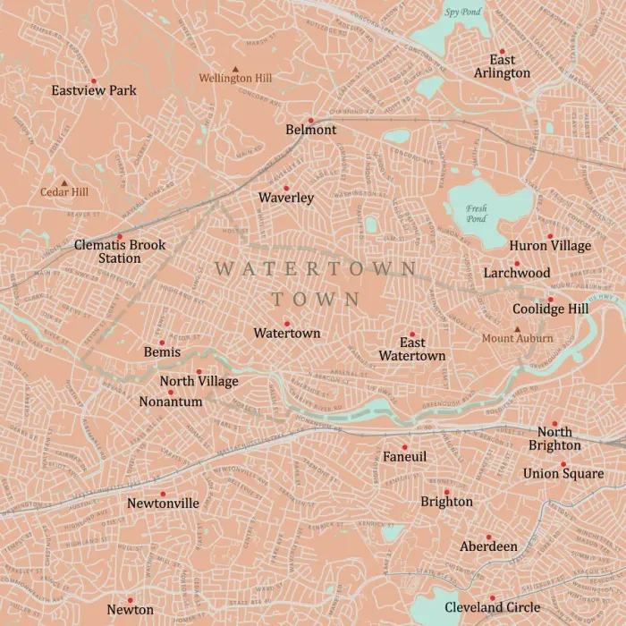 Framed Print : MA Middlesex Watertown Town Vector Road Map Framed Print : MA Middlesex Watertown Town Vector Road Map
