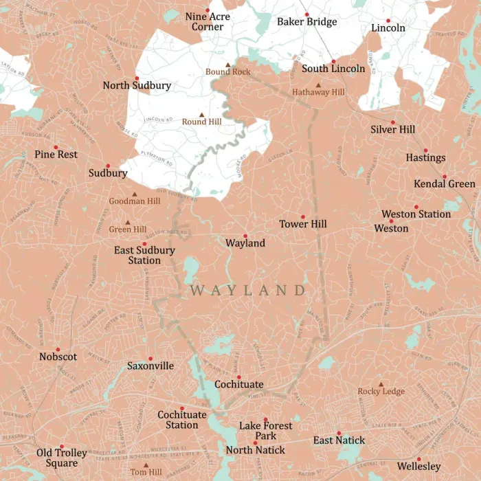 Framed Print : MA Middlesex Wayland Vector Road Map Framed Print : MA Middlesex Wayland Vector Road Map