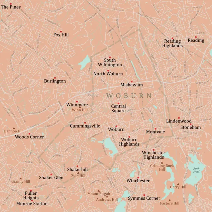 Framed Print : MA Middlesex Woburn Vector Road Map Framed Print : MA Middlesex Woburn Vector Road Map