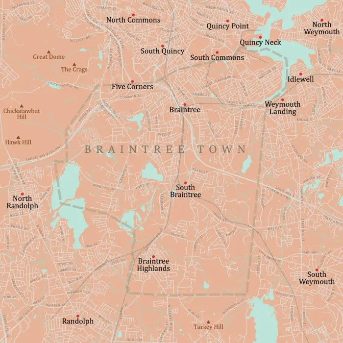 Framed Print : MA Norfolk Braintree Town Vector Road Map Framed Print : MA Norfolk Braintree Town Vector Road Map