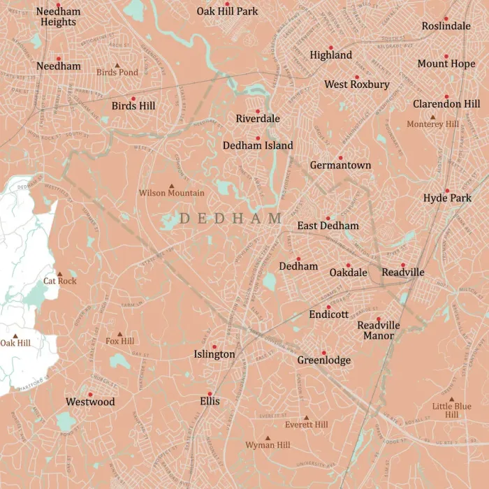 Framed Print : MA Norfolk Dedham Vector Road Map Framed Print : MA Norfolk Dedham Vector Road Map