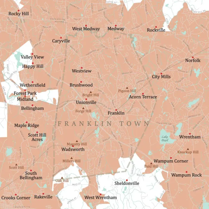 Framed Print : MA Norfolk Franklin Town Vector Road Map Framed Print : MA Norfolk Franklin Town Vector Road Map