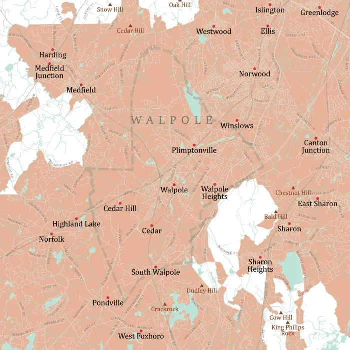 Framed Print : MA Norfolk Walpole Vector Road Map