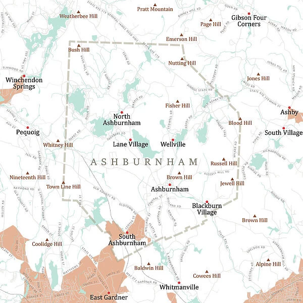 MA Worcester Ashburnham Vector Road Map