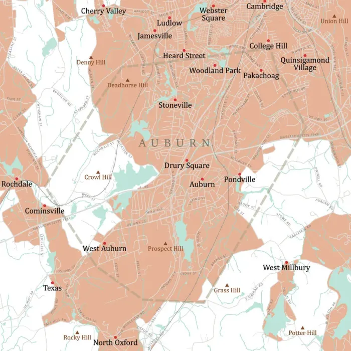 Framed Print : MA Worcester Auburn Vector Road Map Framed Print : MA Worcester Auburn Vector Road Map
