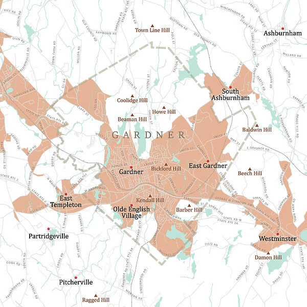 MA Worcester Gardner Vector Road Map