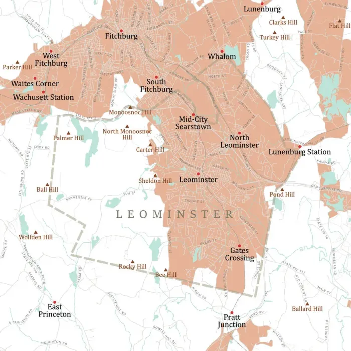 Framed Print : MA Worcester Leominster Vector Road Map