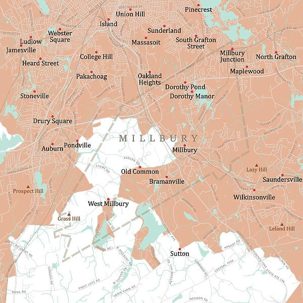 MA Worcester Millbury Vector Road Map