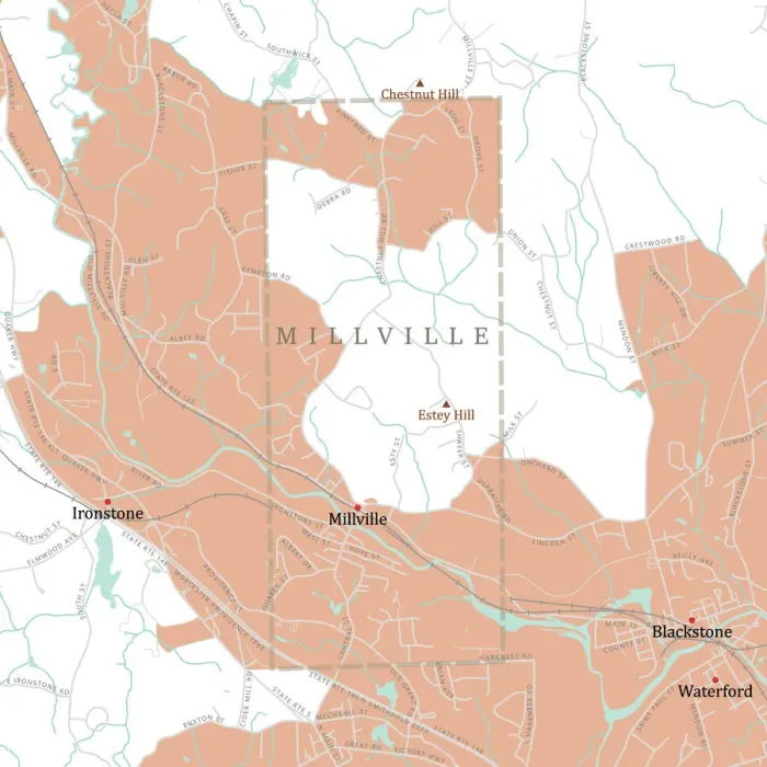 Framed Print : MA Worcester Millville Vector Road Map