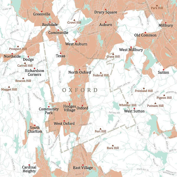 MA Worcester Oxford Vector Road Map