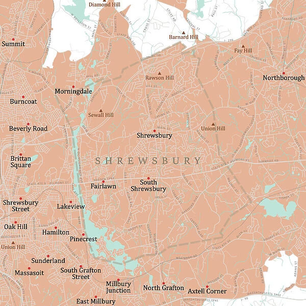 MA Worcester Shrewsbury Vector Road Map