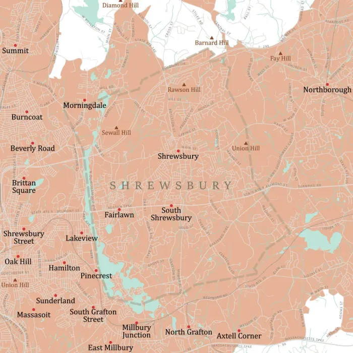Framed Print : MA Worcester Shrewsbury Vector Road Map Framed Print : MA Worcester Shrewsbury Vector Road Map