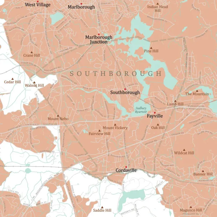 Framed Print : MA Worcester Southborough Vector Road Map Framed Print : MA Worcester Southborough Vector Road Map