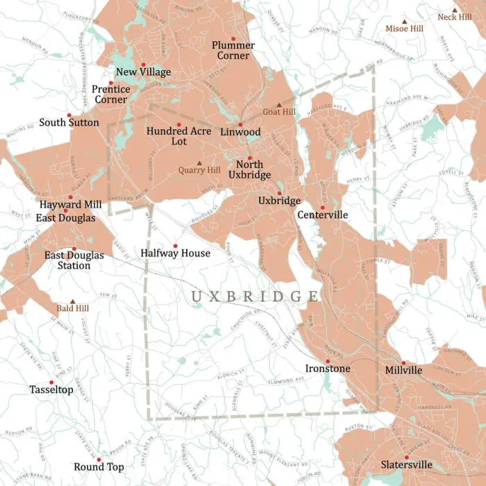 Framed Print : MA Worcester Uxbridge Vector Road Map