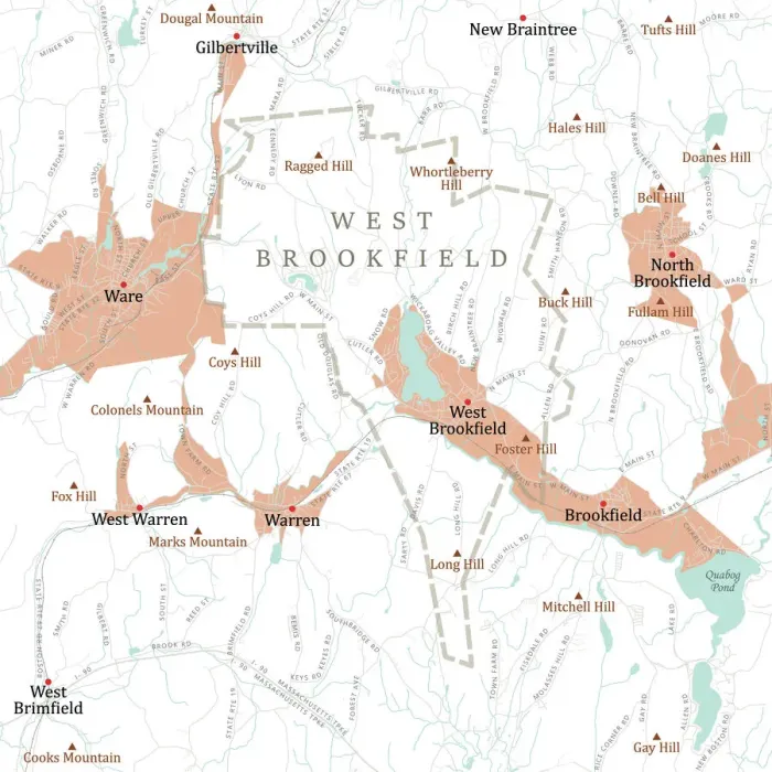 Framed Print : MA Worcester West Brookfield Vector Road Map Framed Print : MA Worcester West Brookfield Vector Road Map
