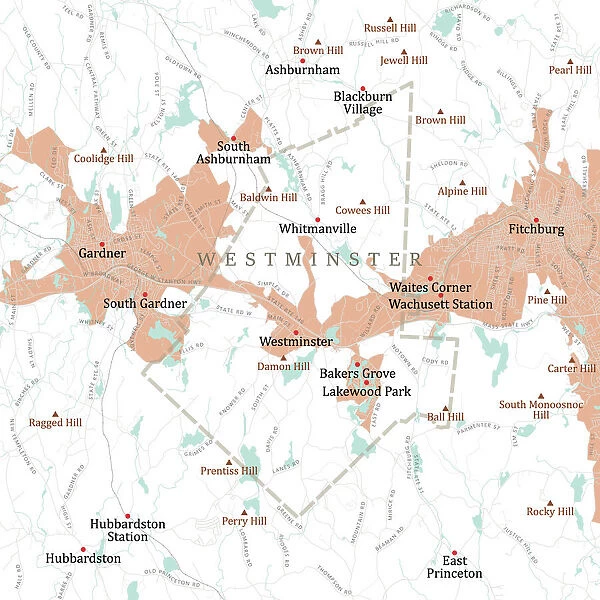MA Worcester Westminster Vector Road Map