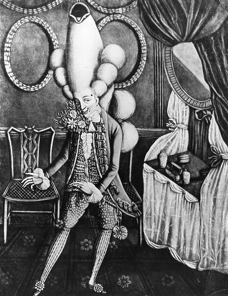 Macaroni. A Macaroni ready for the pantheon, a social caricature of the 18th century