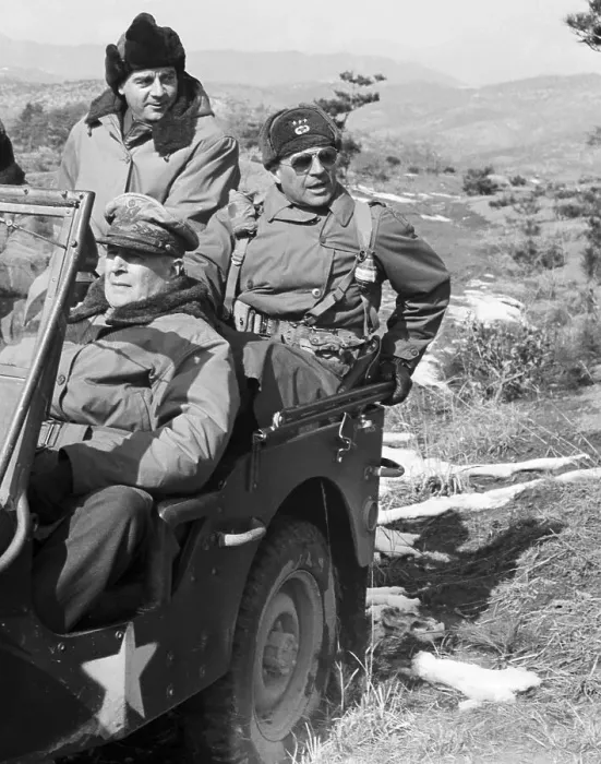 Framed Print : MacArthur Touring Frontlines in Jeep Framed Print : MacArthur Touring Frontlines in Jeep