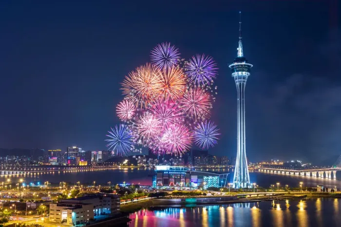 Framed Print : Macau colourful fireworks over the bay