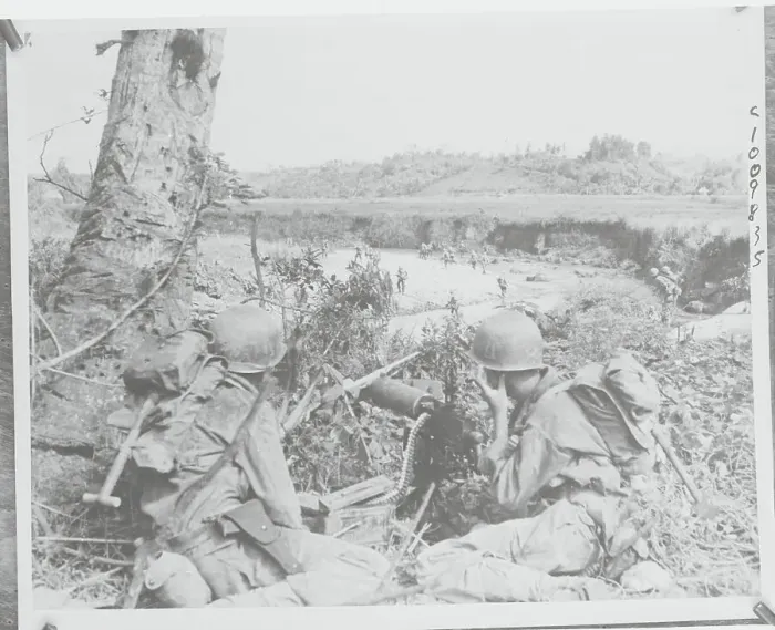 Framed Print : US Machinegunners Cover Area for Foot Patrol 1945 Framed Print : US Machinegunners Cover Area for Foot Patrol 1945