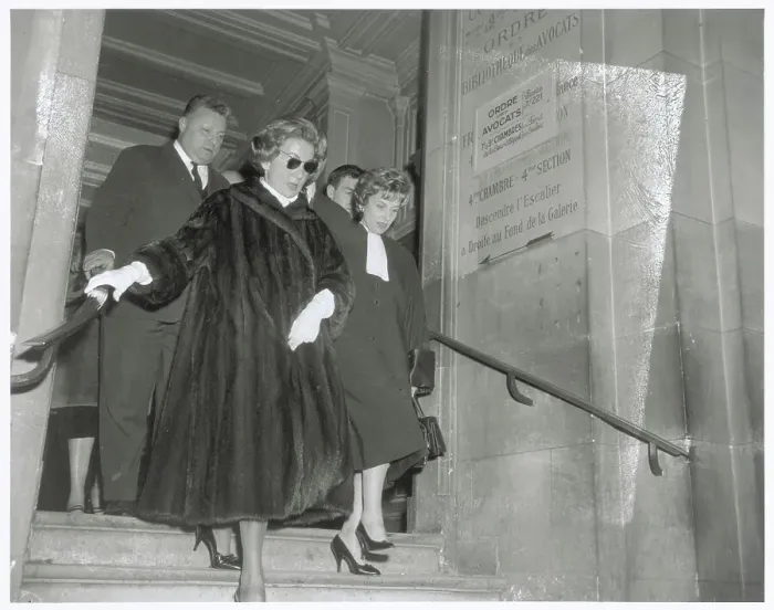 Framed Print : Madame Jean Walter Exiting Courthouse with Legal Officials Framed Print : Madame Jean Walter Exiting Courthouse with Legal Officials