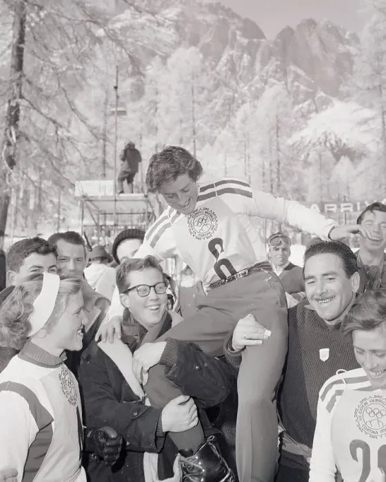 Framed Print : Madeleine Berthod Being Carried by Fans Framed Print : Madeleine Berthod Being Carried by Fans