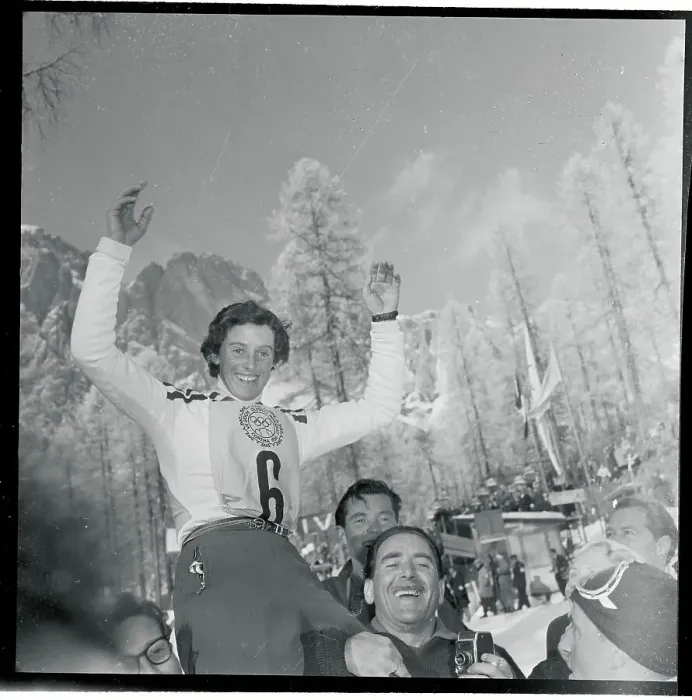 Framed Print : Madeleine Berthod Riding Shoulders of Fans with Her Arms Raised Framed Print : Madeleine Berthod Riding Shoulders of Fans with Her Arms Raised