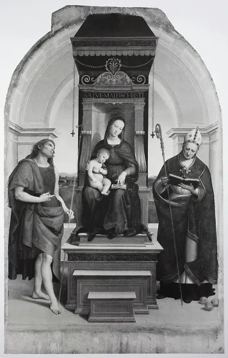 Framed Print : Madonna Ansidei, by Raffaello Sanzio da Urbino, also Raffael da Urbino, Raffaello Santi, Raffaello Sanzio, Raphael, Italian painter, Italy, digitally restored reproduction of a work of art (public domain) from c. 1500