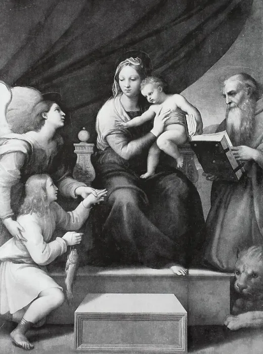 Framed Print : Madonna del Pesce, by Raffaello Sanzio da Urbino, also Raffael da Urbino, Raffaello Santi, Raffaello Sanzio, Raphael, Italian painter, Italy, digitally restored reproduction of a work of art (public domain) from c. 1500