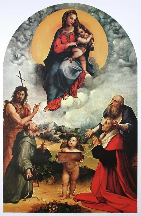 Framed Print : Madonna di Foligno, by Raffaello Sanzio da Urbino, also Raffael da Urbino, Raffaello Santi, Raffaello Sanzio, Raphael, Italian painter, Italy, digitally restored reproduction of a work of art (public domain) from c. 1500 Framed Print : Madonna di Foligno, by Raffaello Sanzio da Urbino, also Raffael da Urbino, Raffaello Santi, Raffaello Sanzio, Raphael, Italian painter, Italy, digitally restored reproduction of a work of art (public domain) from c. 1500
