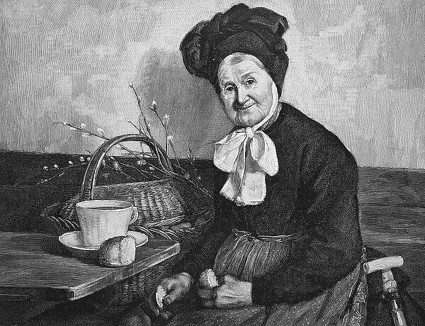 Maerkische farmer in traditional traditional costume, sitting at the table having breakfast, North Rhine-Westphalia, Germany, Historical, digital reproduction of an original 19th century painting