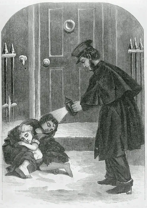 Framed Print : Magazine Illustration Depicting a Policeman Discovering Sleeping Orphans Framed Print : Magazine Illustration Depicting a Policeman Discovering Sleeping Orphans