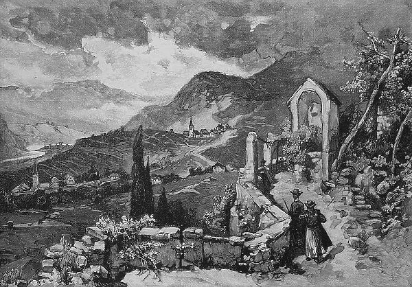 The Magdalenen Hill near Bolzano in South Tyrol, Italy, Field chapel by the wayside, 1887, Historic, digital reproduction of an original 19th century artwork, original date unknown