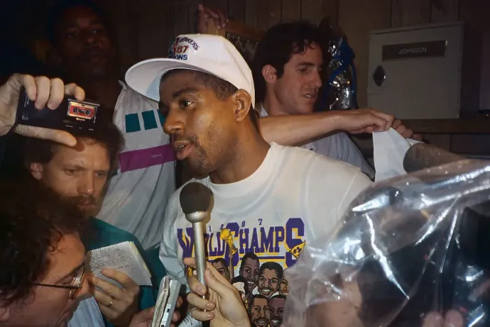 Framed Print : Magic Johnson Being Interviewed in Locker Room