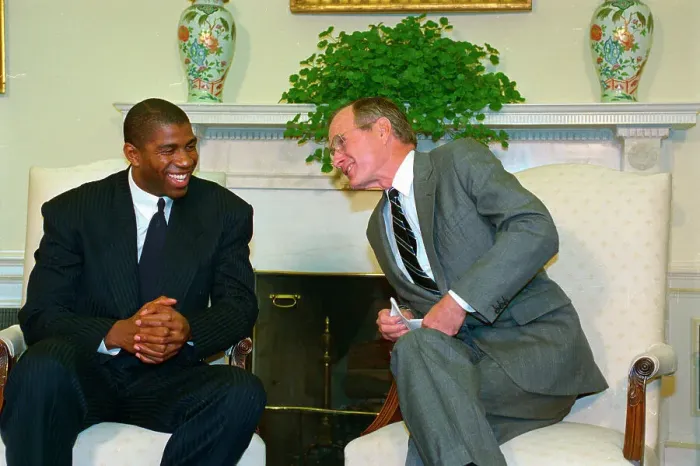 Framed Print : Magic Johnson Meeting with President George Bush Framed Print : Magic Johnson Meeting with President George Bush