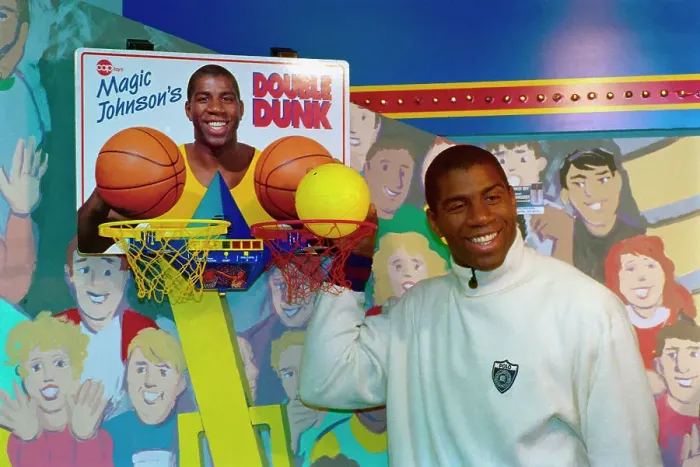 Framed Print : Magic Johnson Standing Next to a Basketball Hoop Framed Print : Magic Johnson Standing Next to a Basketball Hoop