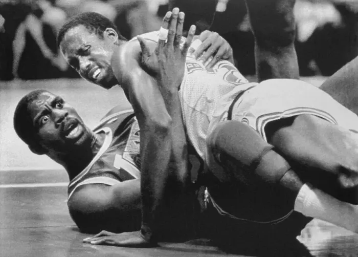 Framed Print : Magic Johnson Stunned and on Floor