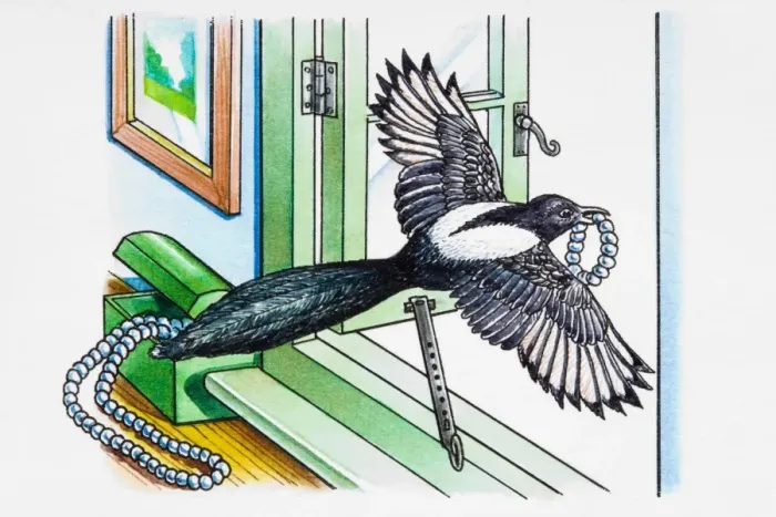 Framed Print : Magpie flying away through open window with piece of jewellery in its beak Framed Print : Magpie flying away through open window with piece of jewellery in its beak