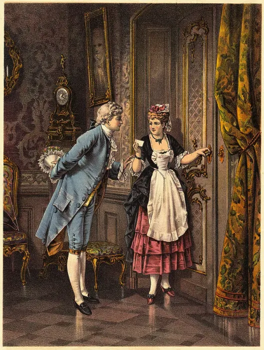 Framed Print : Maid Reading Note from Man with Flowers Framed Print : Maid Reading Note from Man with Flowers