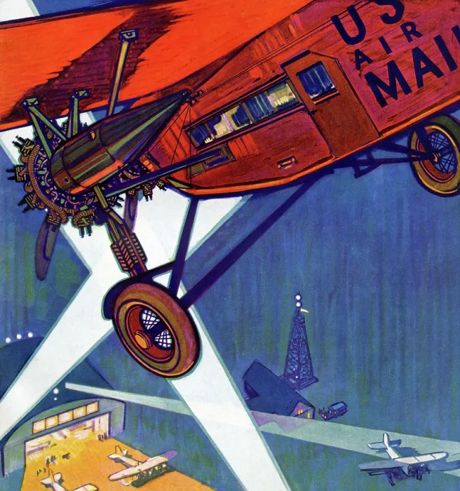 Framed Print : US Mail Plane lands under searchlights at airport Framed Print : US Mail Plane lands under searchlights at airport