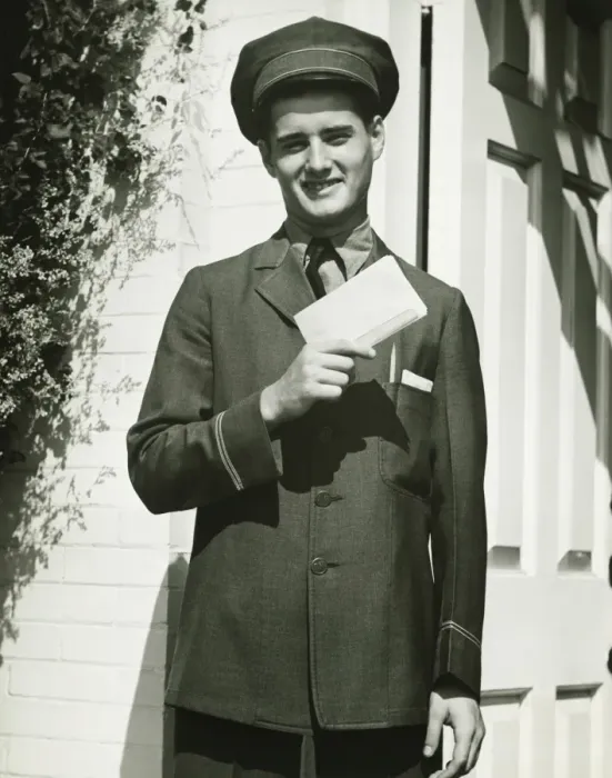 Framed Print : Mailman holding blank form outdoors, (B&W), portrait