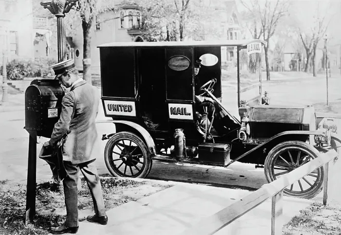 Framed Print : Mailmen with Early Mail Truck Framed Print : Mailmen with Early Mail Truck