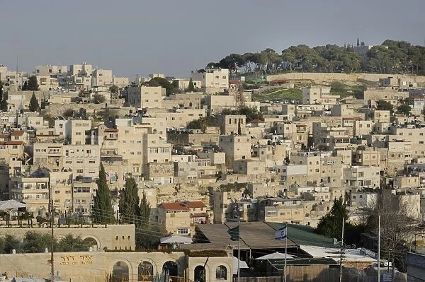 Main entrance to the City of David, bottom, and the Palestinian neighbourhood of Silwan, top, Jerusalem, Israel, Middle East