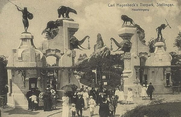 Main entrance to Hagenbeck Zoo, Hamburg, Germany, postcard with text, view circa 1910, historical, digital reproduction of a historical postcard, public domain, from that time, exact date unknown