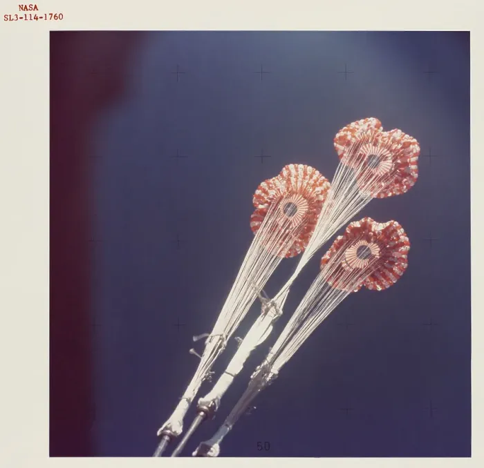 Framed Print : Three main ring sail parachutes of the Skylab 3