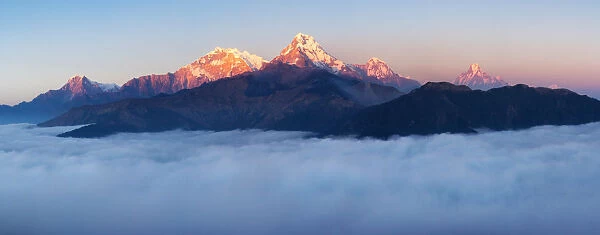 The majestic panorama view of Himalayan mountain range during sunset view from Poon Hill view point at Nepal